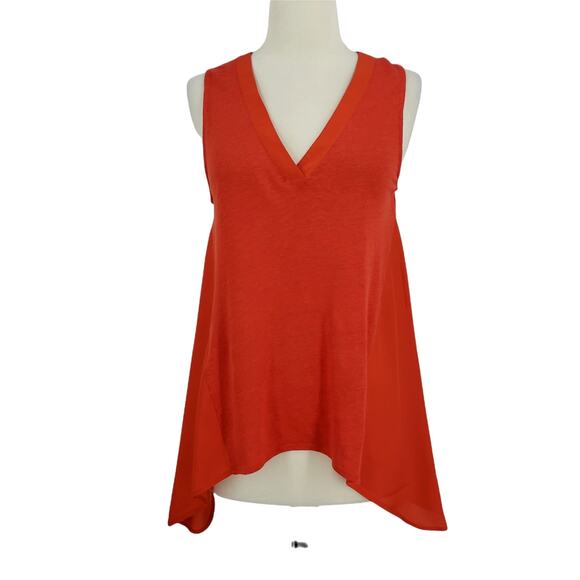 French Connection XS Orange Linen Top – V Neck Sleeveless Shark Bite Hem - Picture 1 of 5